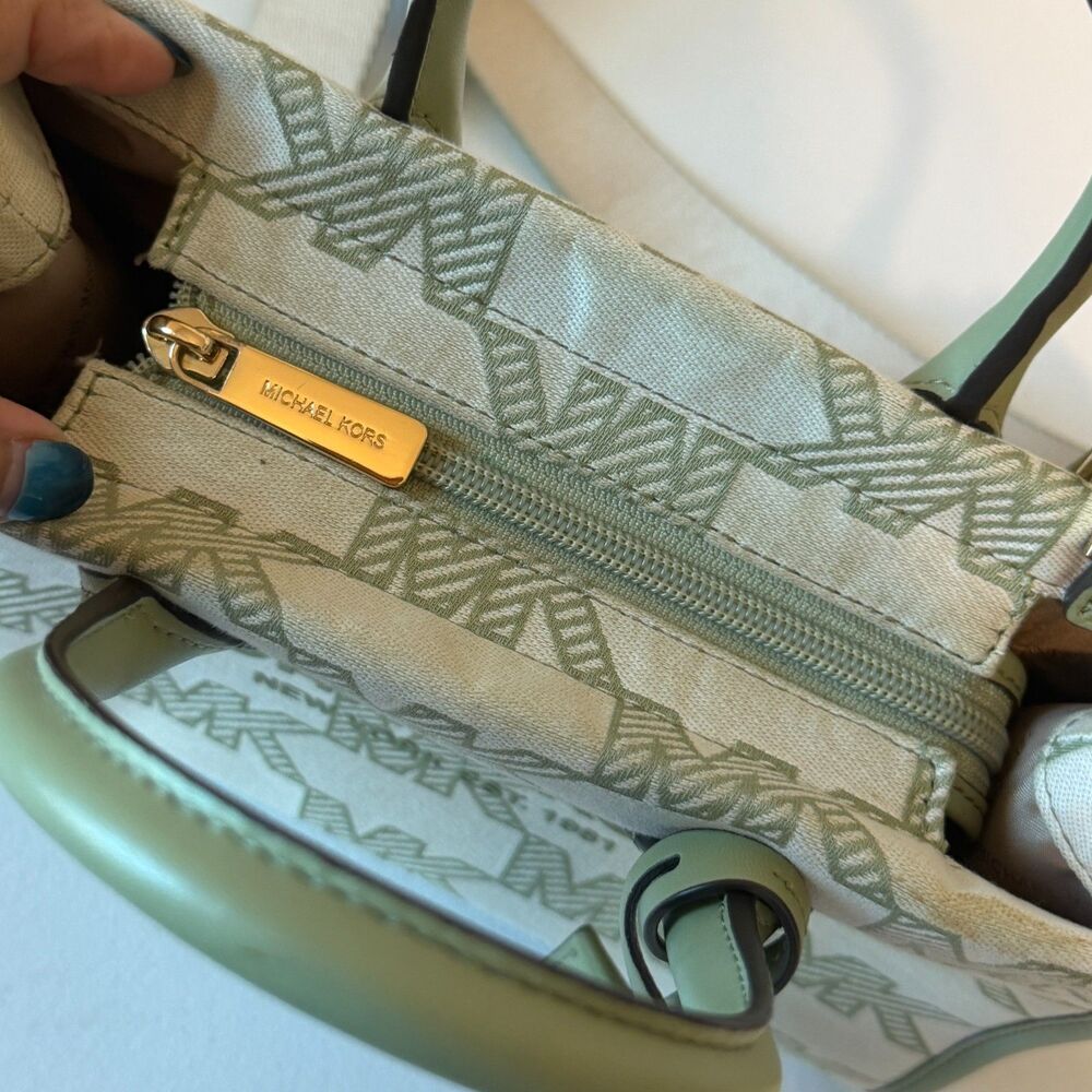 Michael Kors Mirella Small Jacquard Tote Crossbody Bag MK Graphic Logo Green - Picture 10 of 13